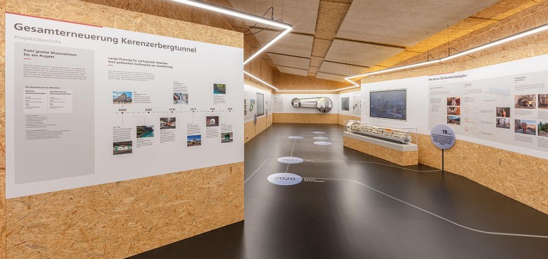 Ausstellungsraum im Infopavillon des Kerenzerbergtunnelprojektes